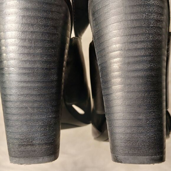 NINE WEST BLACK LEATHER OPEN TOE HEELS W/ CROSS OVER BUCKLE STRAP SIZE 8 1/2 - Picture 13 of 16